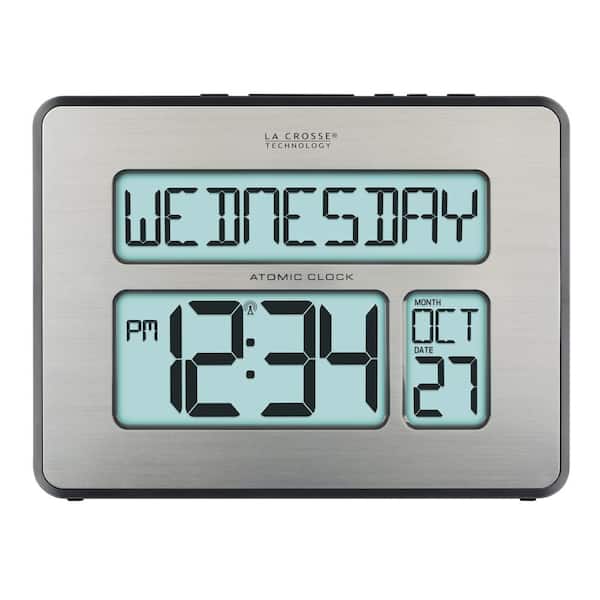 La Crosse Technology Atomic Full Calendar Brushed Silver Digital Clock with Extra Large Digits & Backlight - Perfect Gift for the Elderly