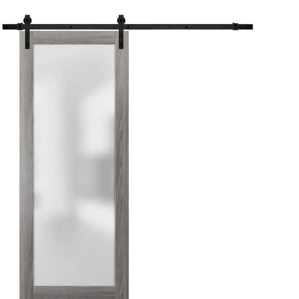 Sartodoors 28 in. x 80 in. 1 Panel Frosted Glass Ginger Ash Solid Wood Sliding Barn Door with Hardware Kit