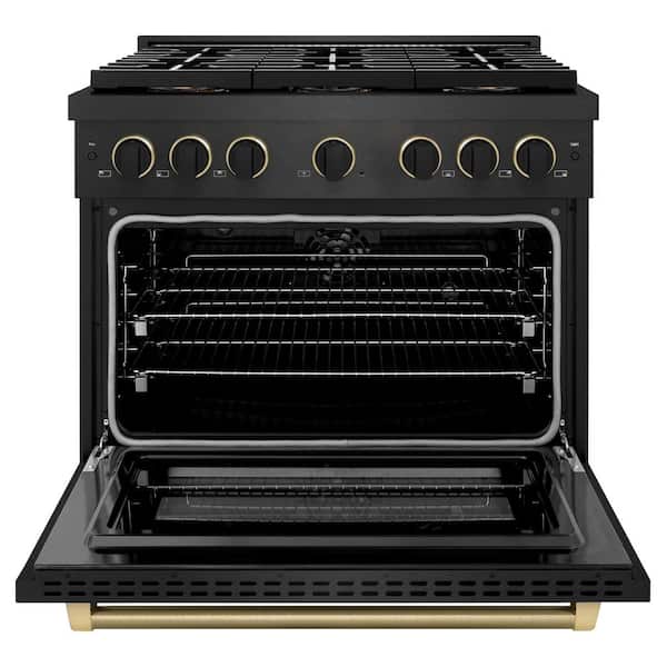 Designer 36 in. 5.2 cu. ft. Dual Fuel Range with 6 Burner DuoPro Cooktop in Black Satin with Black and Champagne Accents