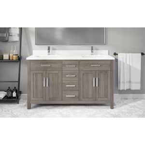 Kali 60 in. W x 22 in. D Bath Vanity in Gray ENGRD Stone Vanity Top in White with White Basin Power Bar and Organizer