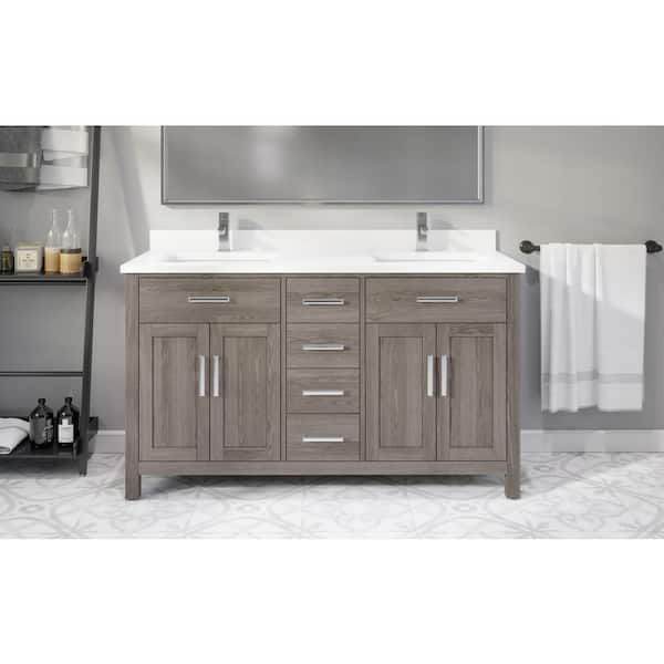 ART BATHE Kali 60 in. W x 22 in. D Bath Vanity in Gray ENGRD Stone Vanity Top in White with White Basin Power Bar and Organizer