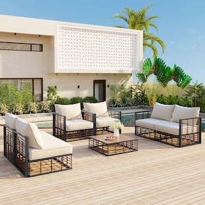 Gray 7-Piece Metal Outdoor Patio Sectional Sofa Set, Garden Furniture Set with White Cushions and Coffee Table