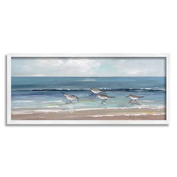 The Stupell Home Decor Collection Sandpipers Birds Cloudy Sky Beach Shore Painting by Sally Swatland Framed Nature Art Print 30 in. x 13 in.