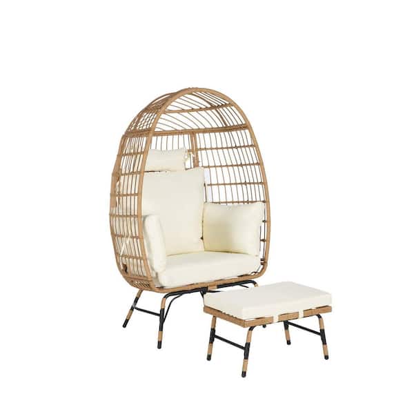 Wicker Outdoor Lounge Chair, Egg Chair with Beige Cushions and Ottoman