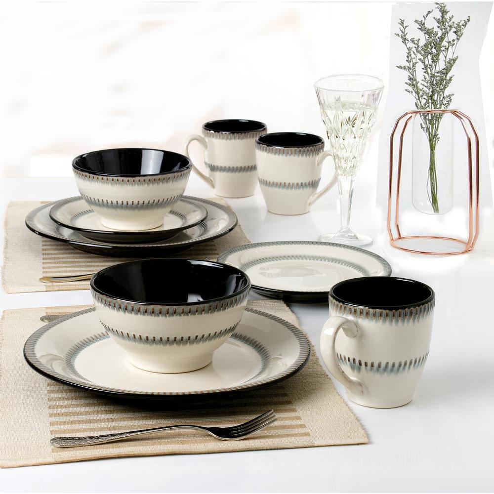 White Ceramic Bohemian 16-Piece Dinnerware Set with Trim Embellishment