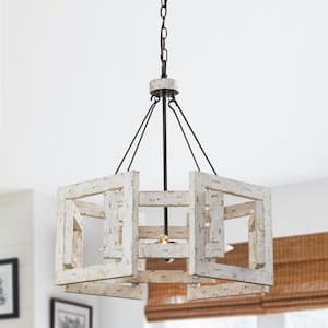 4-Light Distressed White Farmhouse Wood Drum Chandelier Hanging Pendant Light for Dining Room