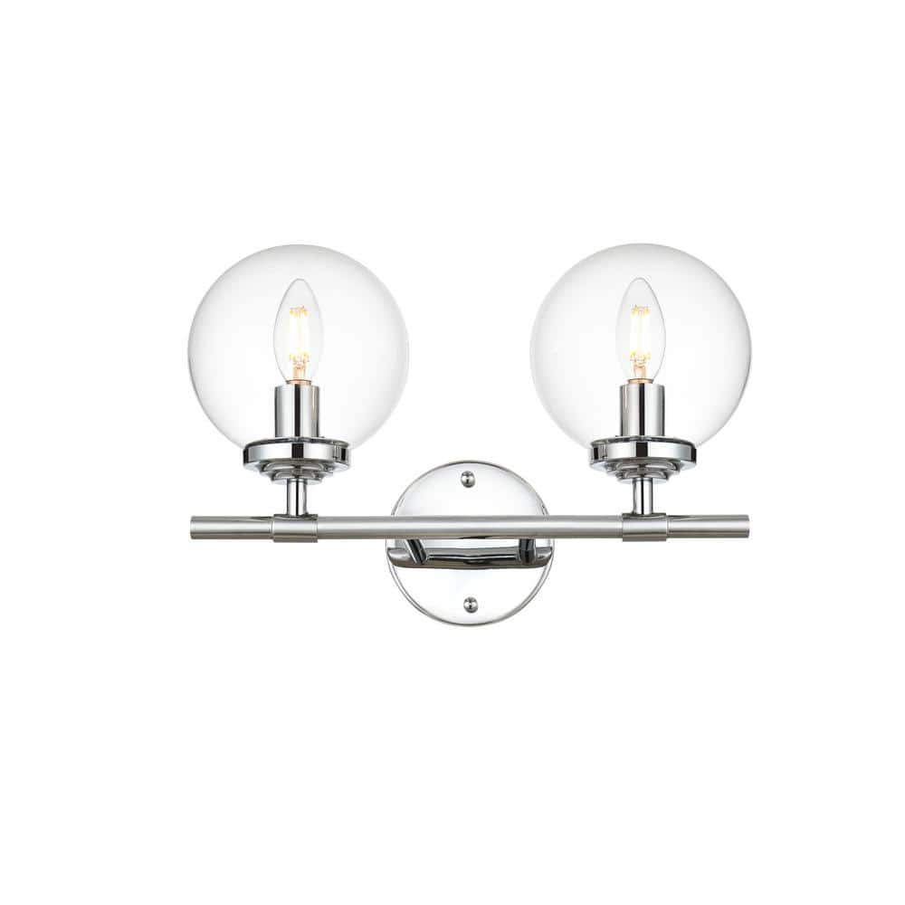 Simply Living 15 in. 2-Light Modern Chrome Vanity Light with Clear Round Sh