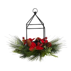 14 in. Unlit Christmas Poinsettia, Berry and Pinecone Metal Candle Holder Christmas Artificial Table Arrangement