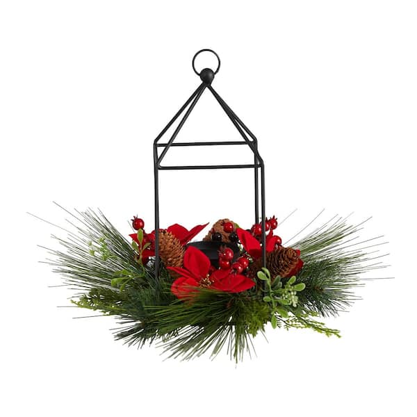 Nearly Natural 14 in. Unlit Christmas Poinsettia, Berry and Pinecone Metal Candle Holder Christmas Artificial Table Arrangement