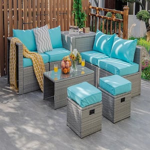 8-Pieces Wicker Patio Conversation Set Storage with Waterproof Cover and Turquoise Cushions