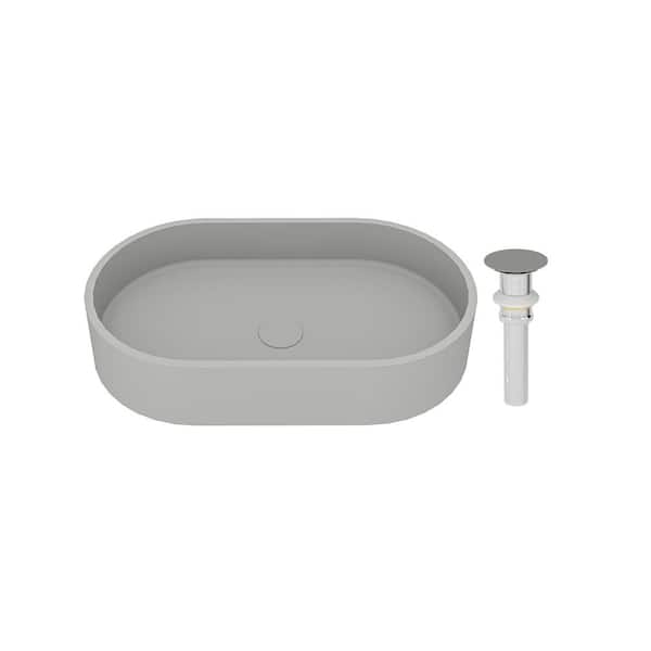 Dimakai 23.62 in . Concrete Oval Vessel Bathroom Sink in Cold Concrete Gray with Matching Drain