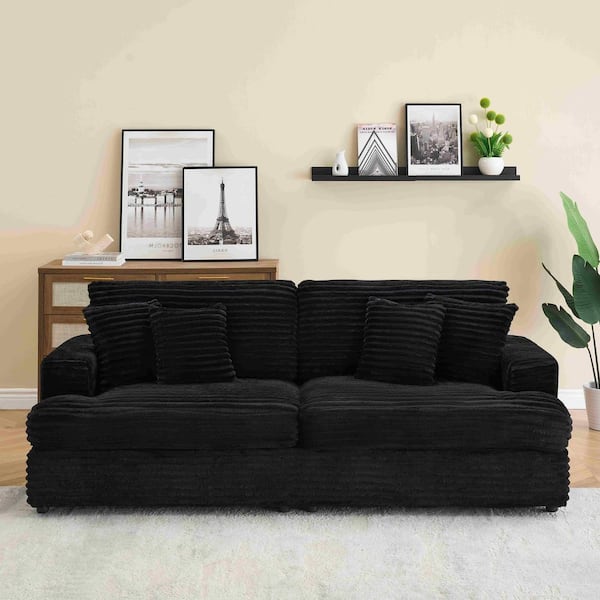 88.58 in. Square Arm Corduroy Rectangle Sofa with Pillows in Black (Seats 3)