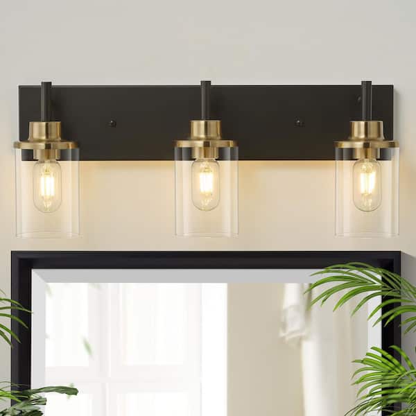TinHon 23 in. Bathroom Light Fixtures Black and Gold, 3 Light Bathroom Vanity Light Fixture Over Mirror with Clear Glass Shade
