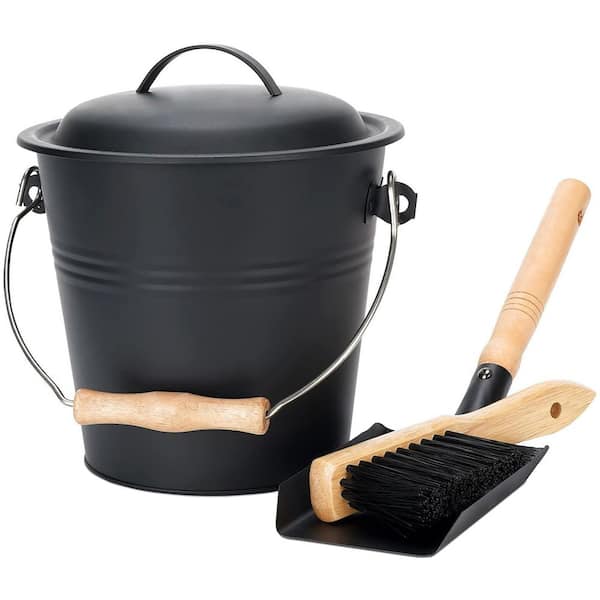 1.5 gal. Metal Cleaning Bucket with Lid Shovel and Broom for Ash Storage Fireplaces and Wood Stoves, Black (1-Pack)