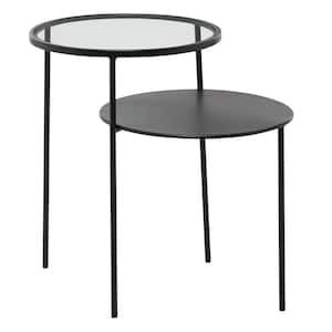 23 in. Black Round Glass 2-Tier End Table with Metal Top