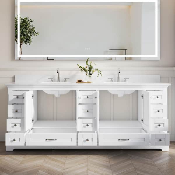 84 in. W Solid Wood Bath Vanity in White with White Cultured Marble Top, Double Sink, 14 Soft-Close Drawers, Assembled