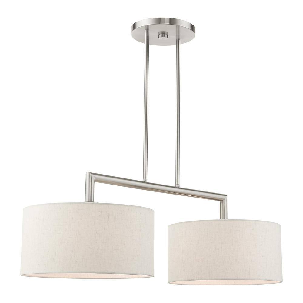 Meridian Brushed Nickel Linear Drum Chandelier with Oatmeal Shades