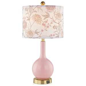 Gawronski 24 in. Pink Traditional Ceramic Table Lamp with Floral Printed Linen Shade and 2 USB Sports