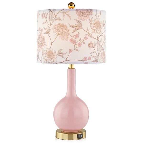 Cinkeda Gawronski 24 in. Pink Traditional Ceramic Table Lamp with Floral Printed Linen Shade and 2 USB Sports