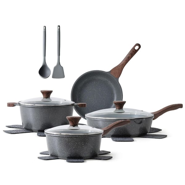 13-Piece Gray Granite Nonstick Cast Aluminum Cookware Set with Stay-Cool Handles and Tempered Glass Lids for All Stoves