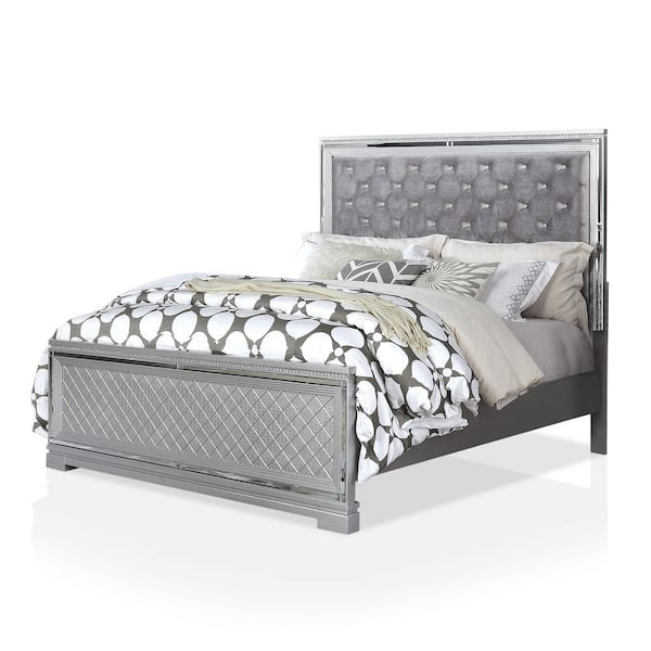 Furniture of America Casilla Silver Queen Button-Tufted Padded Bed