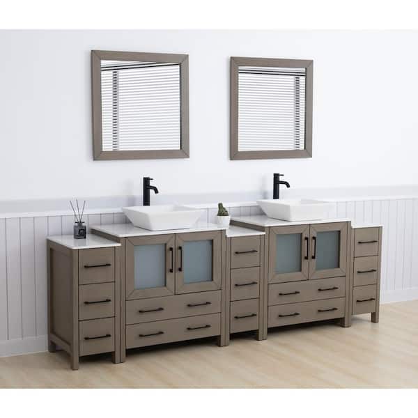 96 in. W Double Basin Driftwood Gray Bath Vanity with White Engineered Marble Top and Mirror