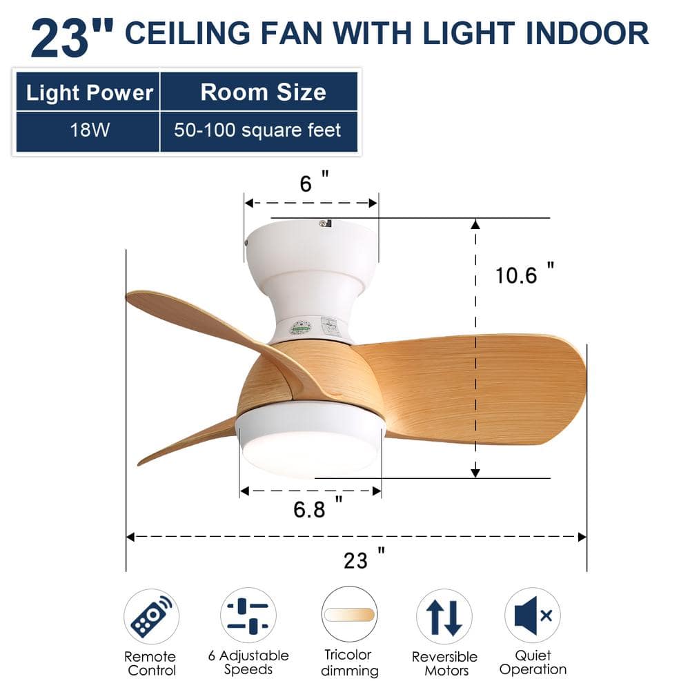23" White and Beige ABS Blade Ceiling Fan with LED Light and Remote