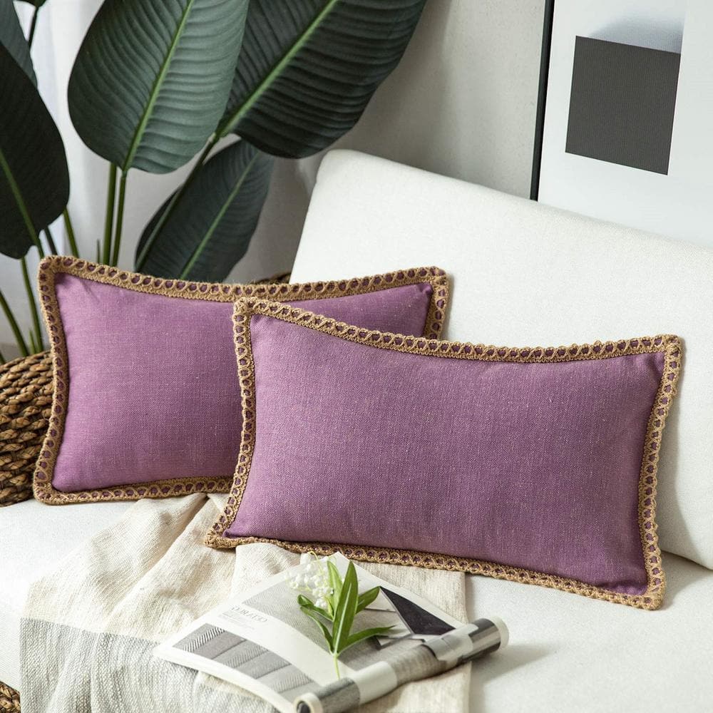 Pack of 2 Decorative Throw Pillow Covers, Burlap Linen Trimmed, Purple