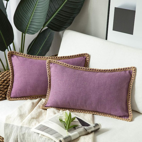 Unbranded Pack of 2 Decorative Throw Pillow Covers, Burlap Linen Trimmed, Purple