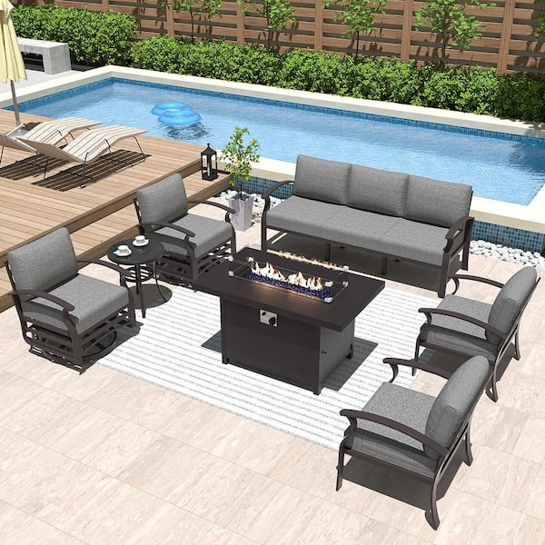 Halmuz 7-Seat Aluminum Patio Conversation Set with armrest, Firepit Table, Swivel Rocking Chairs and Grey Cushions