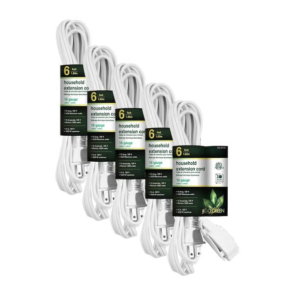 GoGreen Power (G-24706-5) 6 ft. 16/2 Indoor Household Extension Cord, 3 Outlets, White, 5 PACK