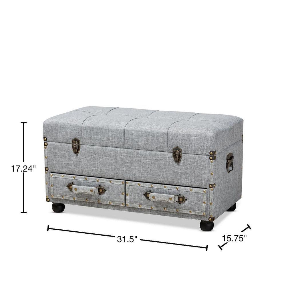 Grey Linen 32" Tufted Storage Ottoman with Antique Brass Accents