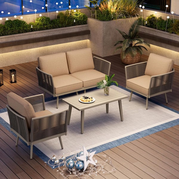 Gray Wicker Rattan 4 Seat 5-Piece Steel Outdoor Patio Conversation Sectional Set with Beige Cushions and Coffee Table