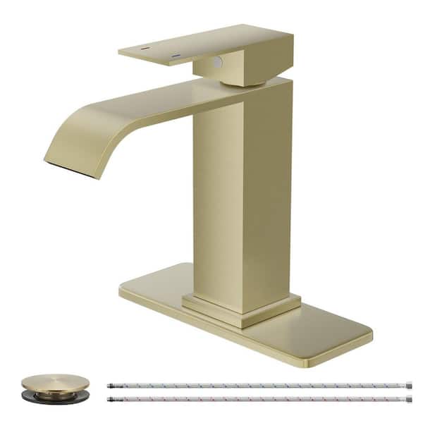 Waterfall Single Hole Single-Handle Low-Arc Bathroom Faucet with Pop Up Drain Assembly in Bruhsed Gold