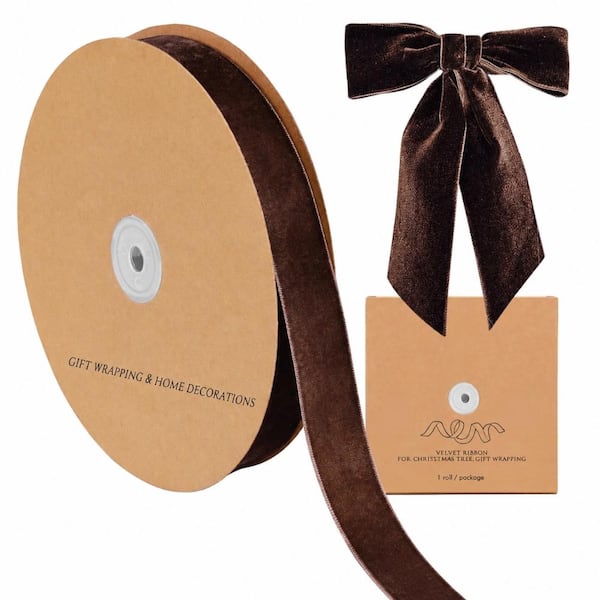 1 in Wide Brown Velvet Ribbon 25 Yards per Roll for Gift Wrapping, Christmas Tree, Wreaths, Bouquets, Bow Making