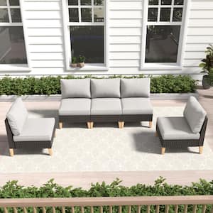 Brown Wicker 5-Piece Outdoor Sectional with Beige Cushions