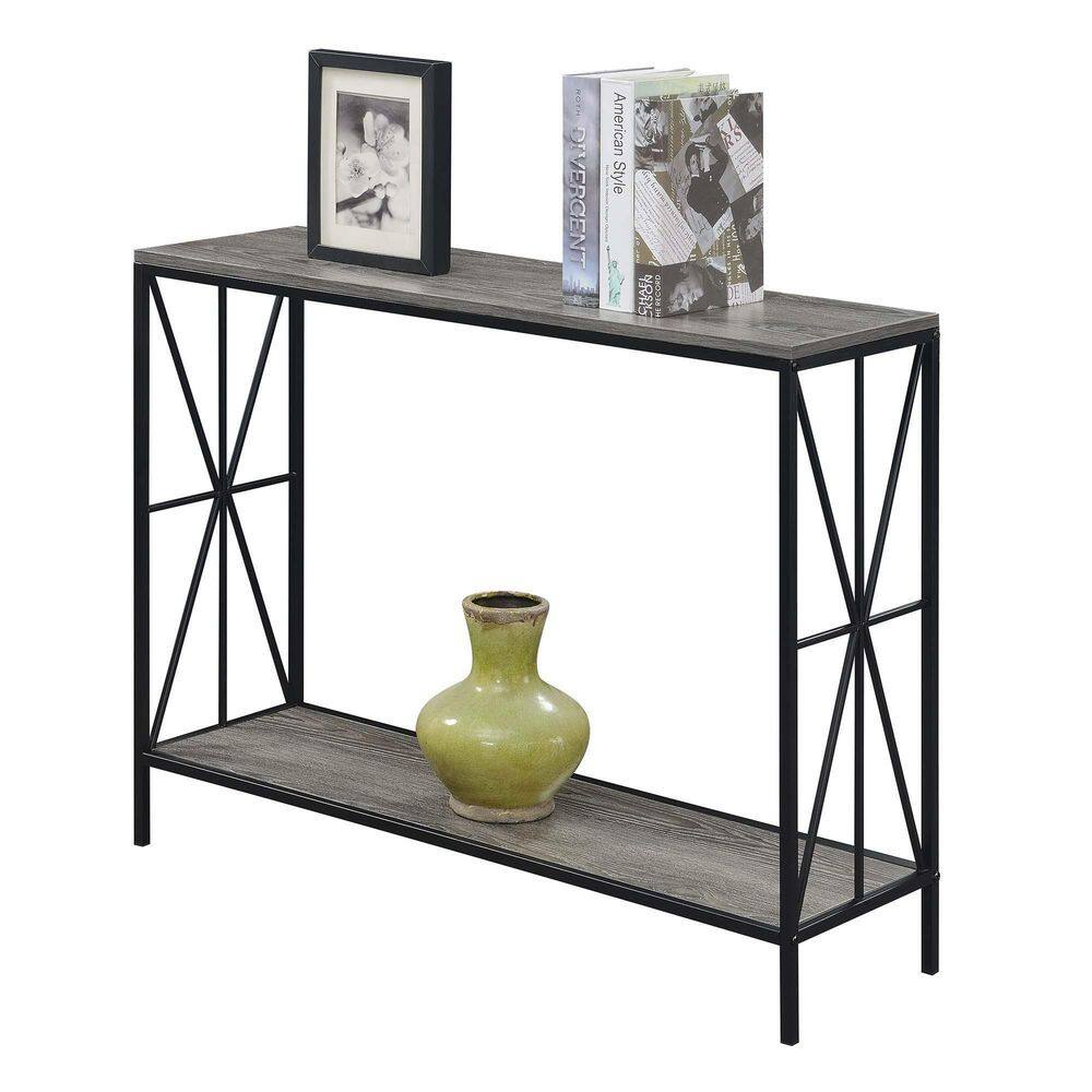 Weathered Gray & Black Starburst Console Table with Metal Frame