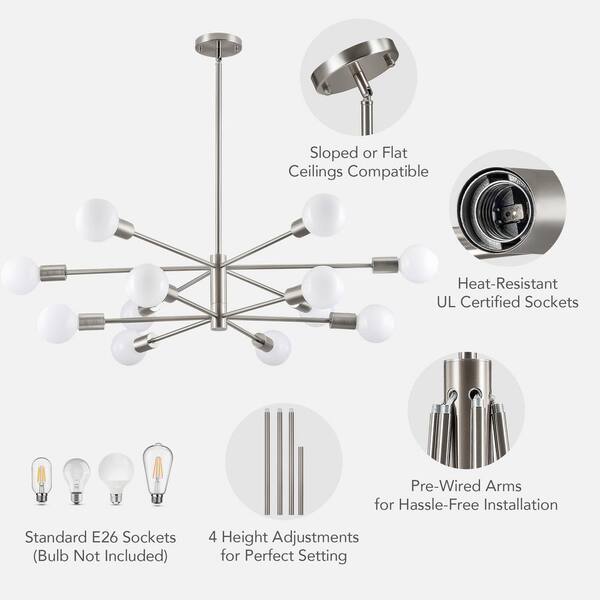 Merra 12-Light Nickel Modern Sputnik Chandelier for Dining Room
