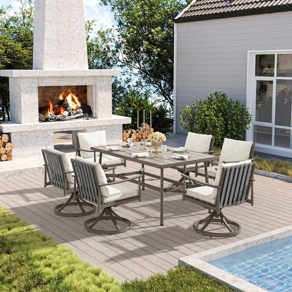 ChillPavilion Sunset Retreat Aluminum Outdoor Patio Dining Swivel Chairs with Light Gray Cushions (2-Pack)