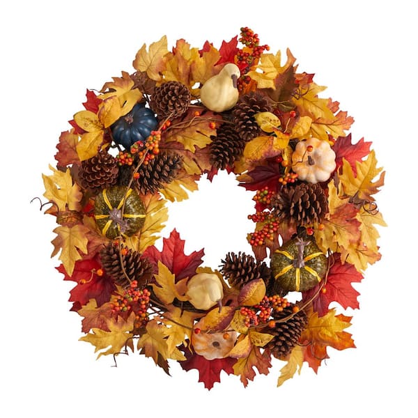 26 in. Orange Fall Pumpkin, Gourd, Pinecone and Maple Leaf Artificial Autumn Wreath
