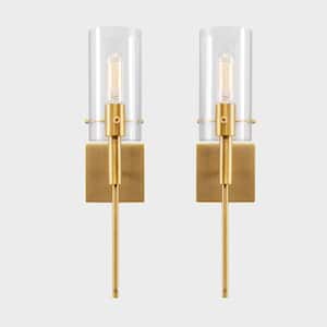 1-Light Gold Cylindrical Armed Sconce Set with Glass Shade (Set of 2)