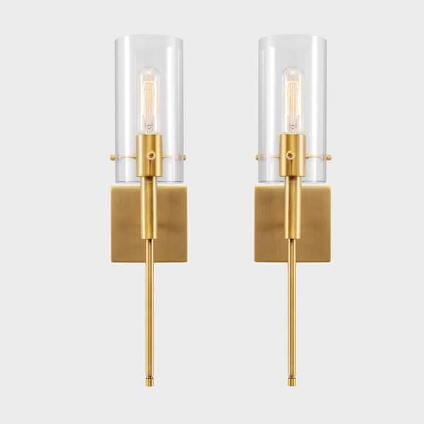 1-Light Gold Cylindrical Armed Sconce Set with Glass Shade (Set of 2)