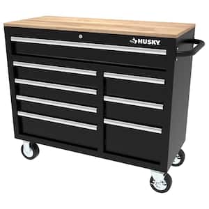42 in. W x 18.1 in. D 8-Drawer Black Mobile Workbench Cabinet with Solid Wood Top