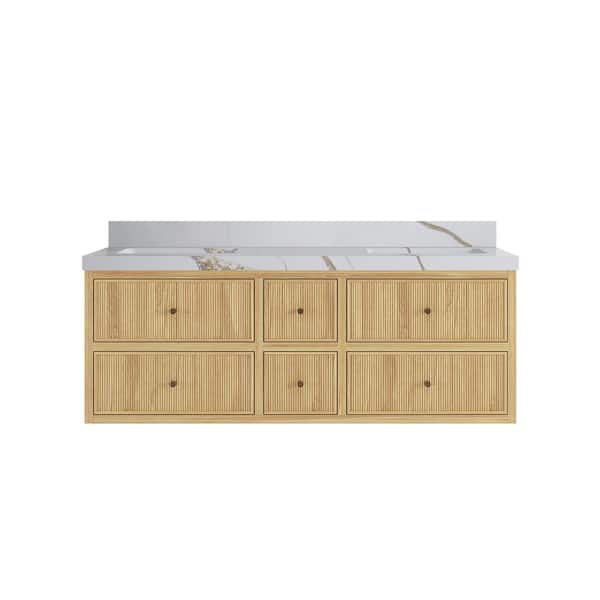Sonoma Floating 60 in. H Double Sink Freestanding Light Natural Bath Vanity with Calacatta Gold Qt. Top Unassembled