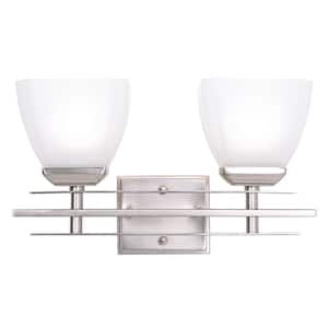 Half Dome 2-Light Satin Nickel Bathroom Vanity Light with White Frosted Glass Shade