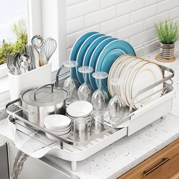 White Dish Drying Rack, Stainless Steel Rustproof Dish Rack, with Detachable Utensil Holder for Small Kitchen Countertop