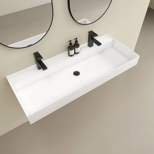 Velin 47 x 19 in. Solid Surface Wall Mount or Countertop Bathroom Vessel Sink with Double Faucet Holes in Matte White