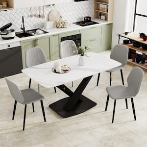63 in. White Round Edge Sintered Stone Tabletop with Pedestal Metal Cross Legs Dining Table, Seats 4-6