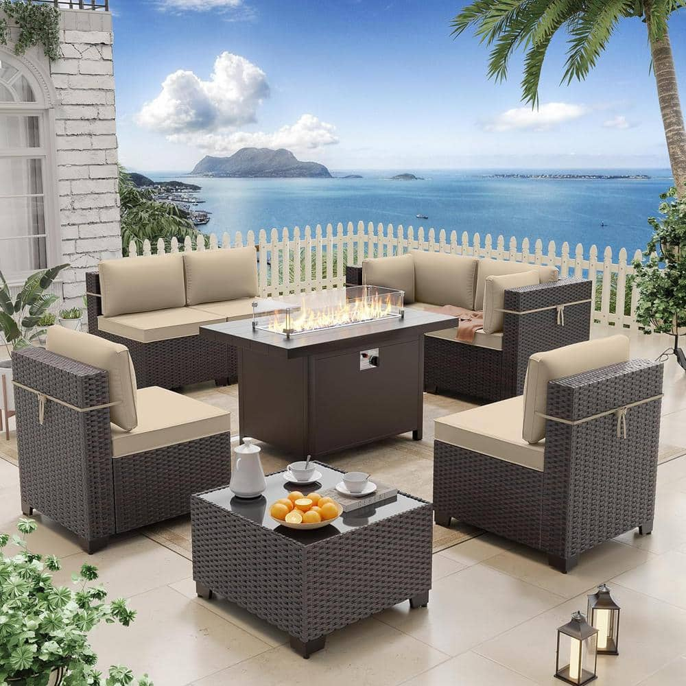 Halmuz 8-Piece Wicker Patio Conversation Set with 55000 BTU Aluminum ...