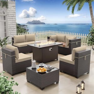 8-Piece Wicker Patio Conversation Set with 55000 BTU Aluminum Gas Fire Pit Table, Glass Coffee Table and Sand Cushions